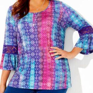 Catherine's Multicolor Top /w Crochet Trim Bell Sleeve- 4X- NWT
